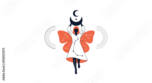 Woman with butterfly wings holding moon and stars, celestial, mystical, cosmic