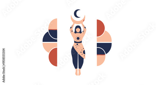 Mystic Woman Holding Moon Crescent, Celestial Geometric Pattern, Boho Style