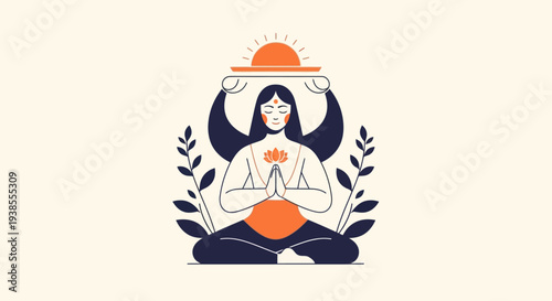 Woman meditating with sun and lotus flower, representing inner peace and enlightenment