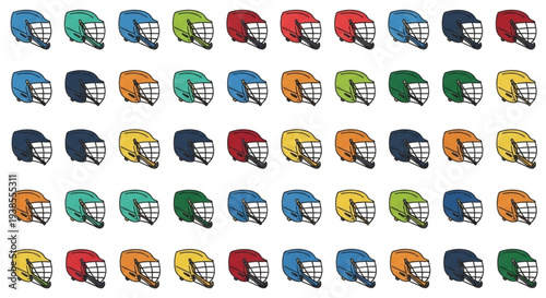 Collection of Colorful Hockey Helmets Displayed in Rows.