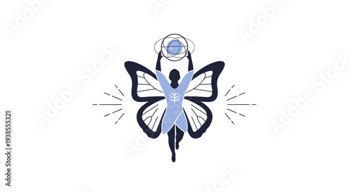 Abstract Human Butterfly Silhouette with Celestial Orb - Symbol of Transformation & Cosmic Energy