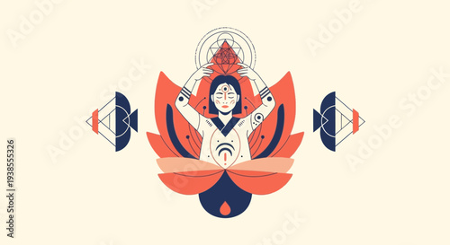 Woman in Lotus Flower with Geometric Patterns, Yoga and Spirituality Illustration