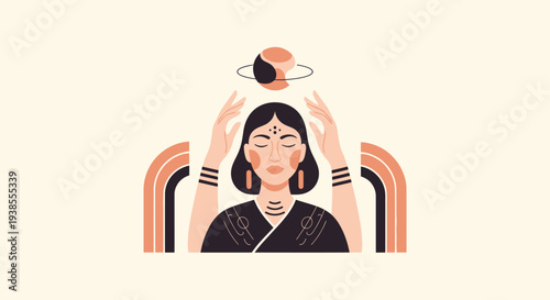 Spiritual Woman Meditating with Celestial Body Above Head, Boho Style