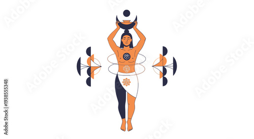 Spiritual Woman Holding Moon Symbol, Chakras, Cosmic Energy, Harmony