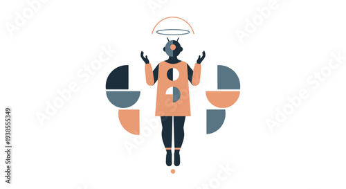 Futuristic Robot Figure Performing Balancing Act with Geometric Shapes