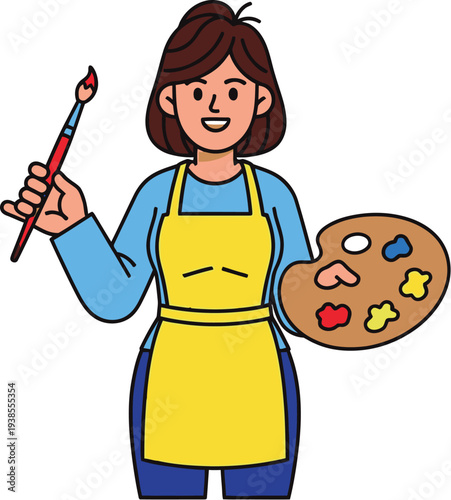 Smiling female artist wearing a yellow apron holds a paintbrush.