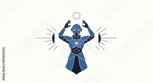 Futuristic Robotic Figure with Glowing Orb and Geometric Energy Patterns