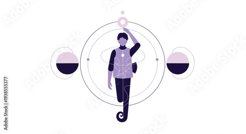 Person in motion, abstract geometric balance and cosmic elements, conceptual art