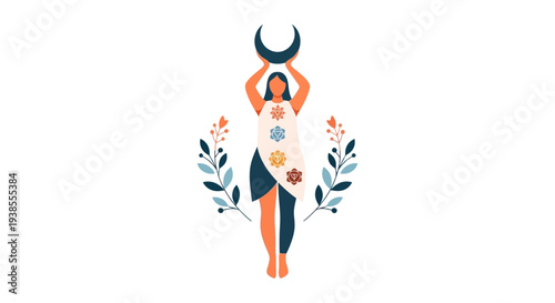 Woman holding crescent moon, feminine energy, chakras, nature symbols, spiritual concept