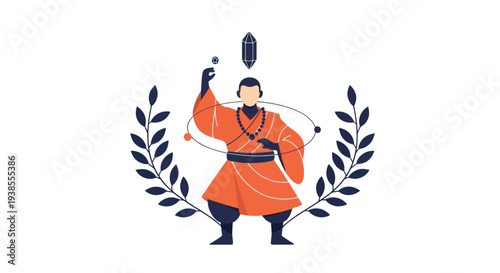 Zen Monk Meditating with Crystals and Orbiting Spheres