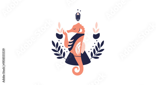 Artistic Seahorse Illustration with Botanical Elements and Crystal