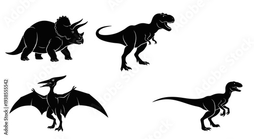 Collection of Dinosaur Silhouettes: T-Rex, Triceratops, Pterodactyl, and Velociraptor