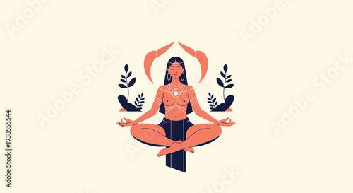 Woman Meditating in Lotus Pose, Yoga, Zen, Spiritual, Wellness, Flat Illustration