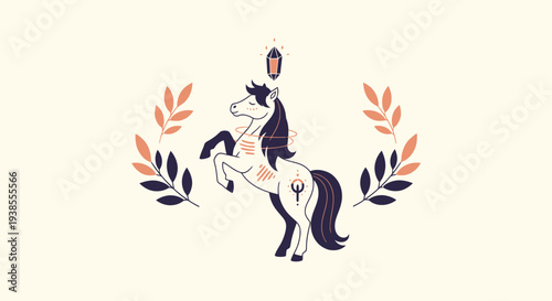 Mythical Unicorn Rearing Up with Laurel Wreath and Crystal