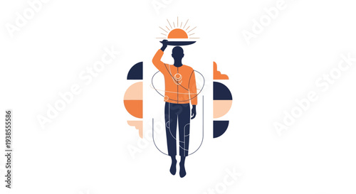 Man Holding Sun on Tray, Abstract Geometric Background, Sunrise Concept