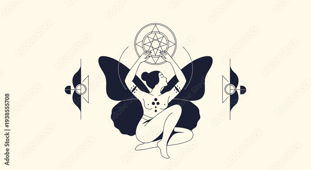 Obraz premium Mystical Woman with Butterfly Wings and Celestial Symbols