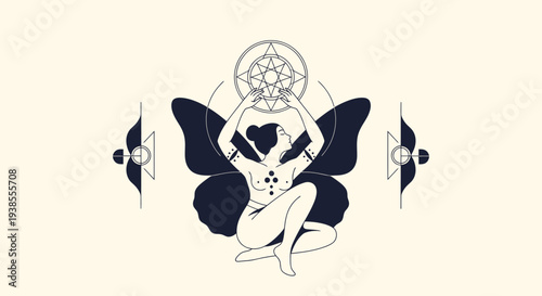 Mystical Woman with Butterfly Wings and Celestial Symbols