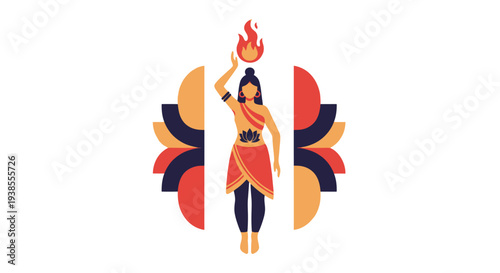 Woman holding flame above head, cultural design, abstract background