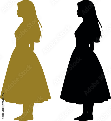 Two female silhouettes one golden and one black in profile view