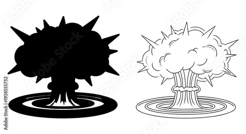 Nuclear Explosion Mushroom Cloud Set Black and White Vector Illustration Design Element