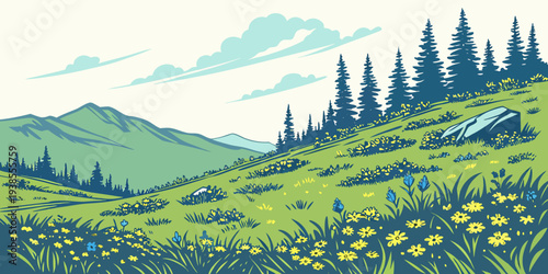A serene landscape with a green hill and trees Vector