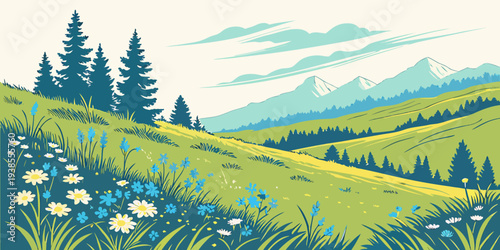A serene landscape with rolling hills and trees Vector