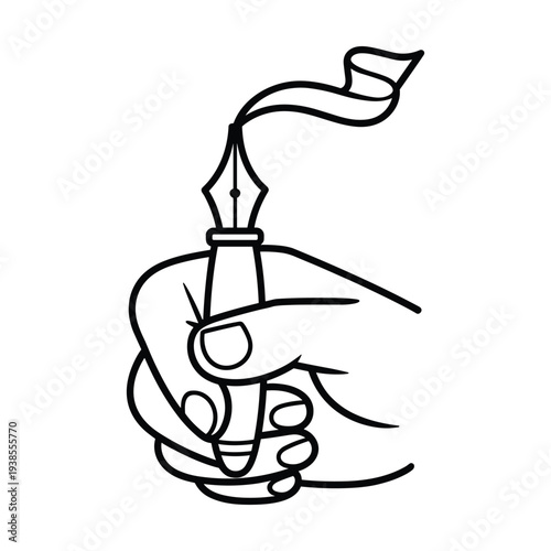 Illustration of a hand holding an oldfashioned fountain pen with a flowing ribbon design emanating from the nib