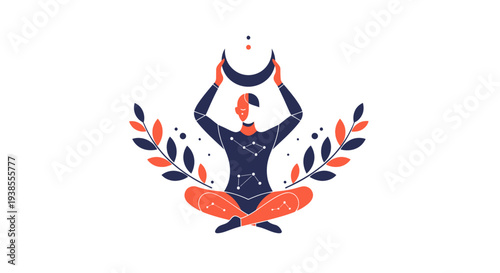 Person meditating with crescent moon and celestial pattern, surrounded by leaves.