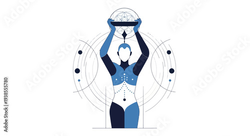 Humanoid robot holding a circular blueprint diagram, futuristic technology concept
