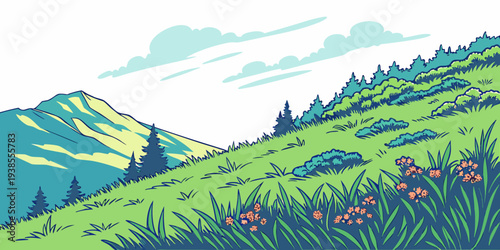 A serene pixel art landscape with a green hillside and blue sky Vector