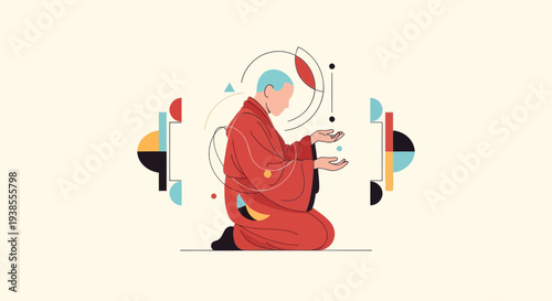Zen monk meditating with abstract geometric shapes, calm spiritual practice