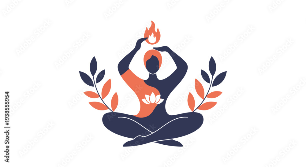 Fototapeta premium Meditating Figure with Fire and Lotus Flower Symbol