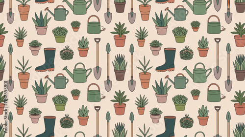 Gardening tools and potted plants seamless pattern with succulents boots watering cans and shovels on beige background
