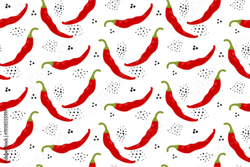 Red hot chili pepper seamless pattern with black dots on white background, vector spice illustration