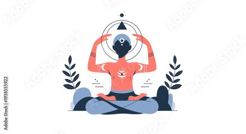 Mindfulness Meditation: Person in Lotus Pose with Geometric Symbols and Nature Elements