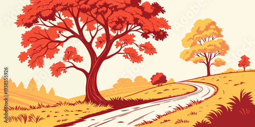 A pixel art illustration of a winding road through an autumn landscape Vector