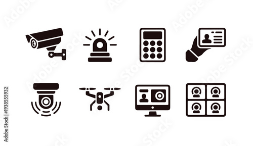 Security system icons surveillance camera alarm calculator ID card drone and monitor