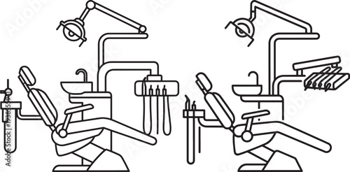 Modern Dental Chair and Equipment Outline Line Art for Dentistry Clinic and Healthcare Office Vector