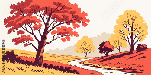 A colorful landscape with trees and a stream Vector