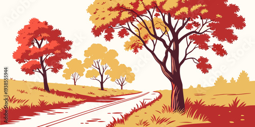 A pixel art illustration of a road through autumn trees Vector