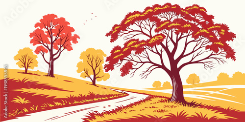 A serene autumn landscape with trees and a winding road Vector