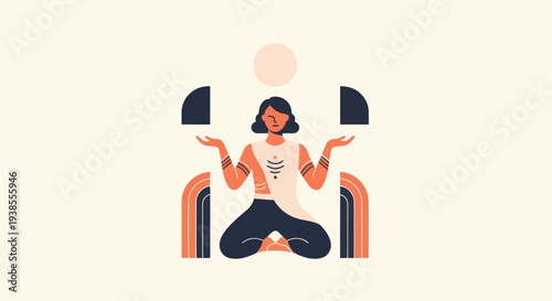 Woman Meditating in Lotus Pose with Abstract Geometric Shapes and Pastel Colors