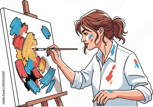 Focused female artist vigorously applies abstract colors to a canvas on a.