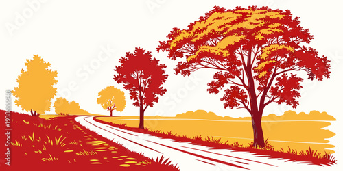A red and yellow image of trees on a road Vector