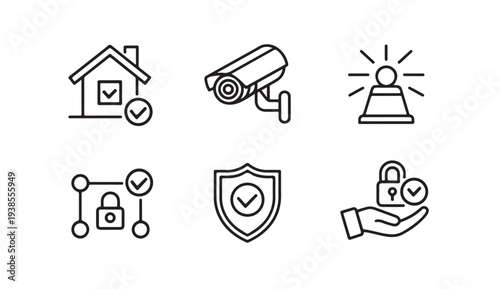 Home security system and data protection linear vector icons set on white background