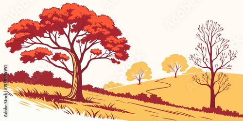 A pixel art landscape with trees on a hillside in autumn Vector
