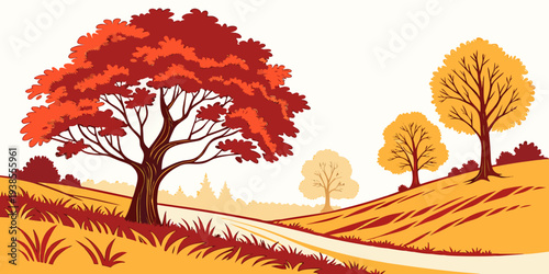 A pixel art illustration of trees on a hillside in autumn Vector