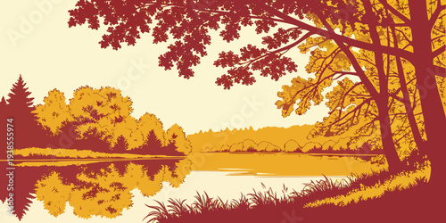 A serene landscape with trees and a body of water Vector