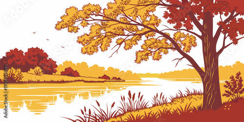A serene lake scene with a tree in autumn colors Vector