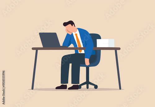 Boring office worker, exhausted or fatigue employee, afternoon slump or tired and burnout at work concept, sleepy businessman office worker hand on chin bored sitting low energy on his working desk